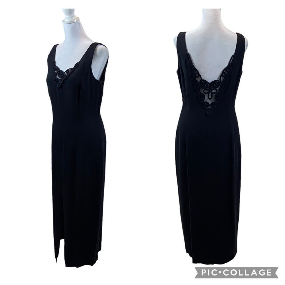 Vintage Ann Taylor Black V Neckline Slit Front Formal Maxi Dress‎ Size 6